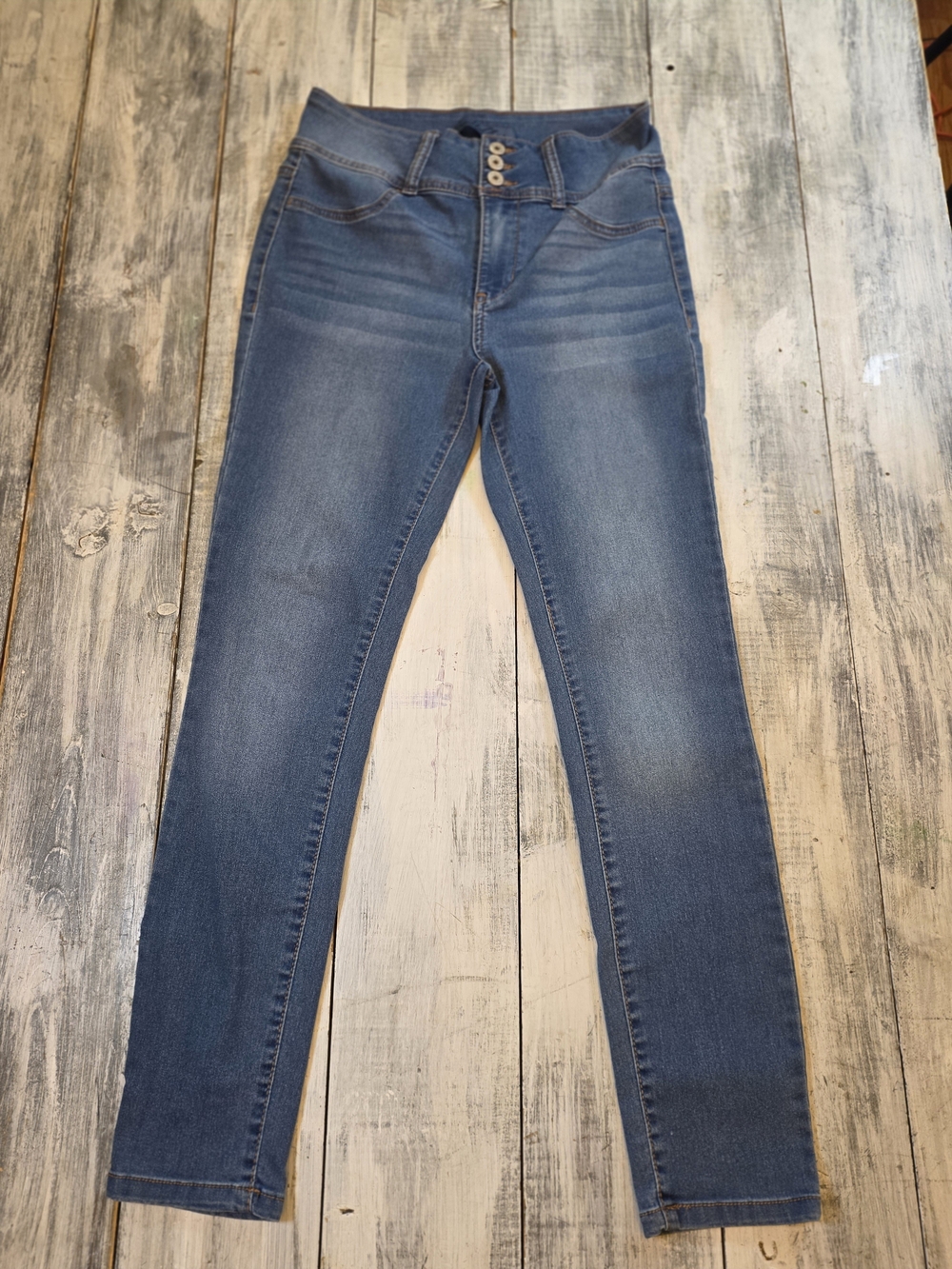 Vanilla Star Women's Dark Blue Mid Rise Skinny Jeans w Triple Button Waist sz 9